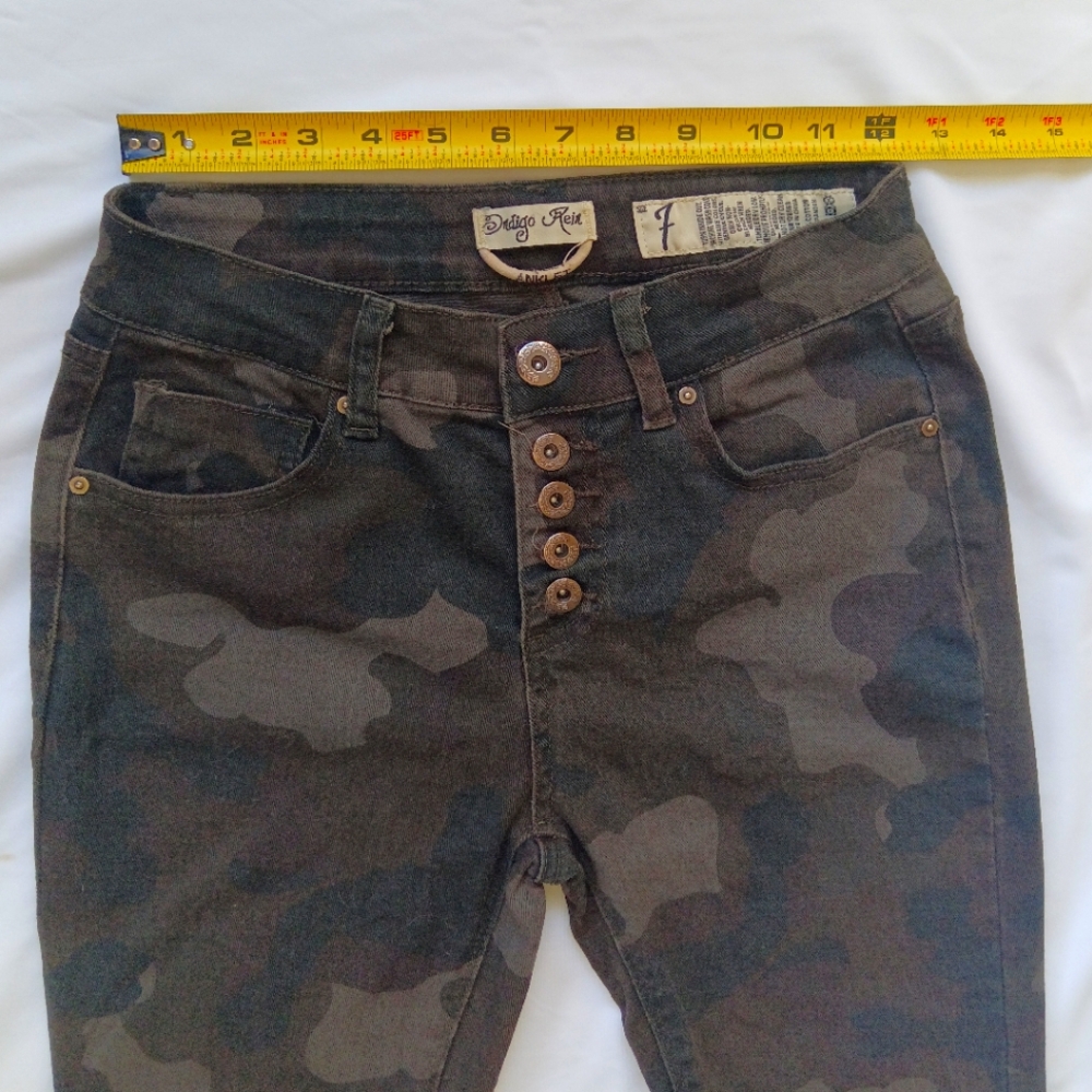 W13" Hi-Rise Camo-green Button-Fly Skinny Cotton Jeans Non-Stretch